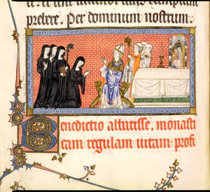 Ms.298 f82v Prezentace abatyše z pontifikálu v Metz, napsaná pro Raymonda Bara, biskupa z Metz, 1302-16 od French School