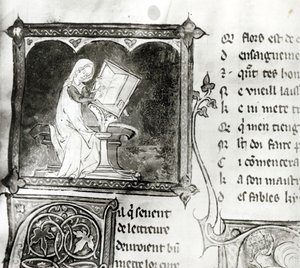 Ms.3142 fol.256 Marie de France (fl.12. století) psaní, z antologie francouzských básní, c.1280-90 (detail) od French School