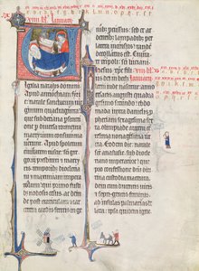 Ms.838 fol.55 Historizované iniciály "U" a "I" s vyobrazením Narození a Jezulátka, z "Obituaire de Notre Dame de Pres", po roce 1270 (viz také 155905). od French School