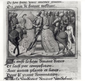 Ms.Fr.5054 fol.26 r Karel VII. (1403-61) a Johanka z Arku při obléhání Dreux, z Les Vigiles de Charles VII od Martiala dAuvergne nebo de Paris (1430-1508) 1484 od French School