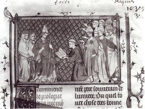 Paní Fr. 5716 f.2 Jean dAntioch před Martinem IV., z Život a zázraky sv. Ludvíka, kolem 1330-40 od French School