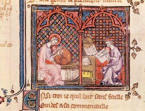 Ms 1044 Fol.16v Slovo, Stvořitel světa a Autor píšící svou knihu, z Ovide Moralise napsal Chretien Legouais od French School