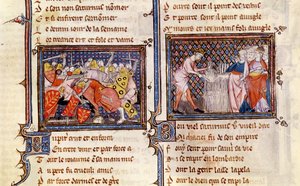 Ms 1044 fol.20 Jupiter versus Saturn: Saturn učí Langobardy, jak používat srp, z Ovide Moralise napsal Chretien Legouais od French School