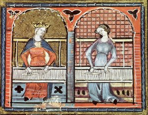 Ms 1044 fol.89v Ženy tkající, z knihy Ovide Moralise, kterou napsal Chretien Legouais od French School