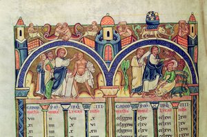 Ms 10 f.128v Canon of the Evangelists, detail znázorňující Krista uzdravujícího muže s vodnatelností a vyhánění démonů z posedlého muže, z latinské Bible od French School