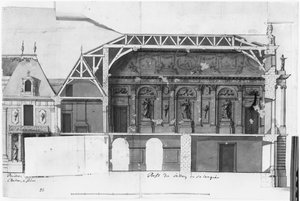Ms 130736 Jih-severní řez Grand Salonem a Salle de Diane zámku ve Versailles postavený Louisem Le Vau ((1612-70) (wc na papíře) od French School
