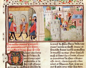 Ms 149 t.1 fol.16 Dohoda a stavba hradu, z Histoire des Nobles Princes de Hainaut, Jacques de Guise od French School
