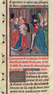 Ms 149 t.3 fol.105 Sňatek Balduina VI. a Marie, dcery hraběte ze Champagne, z Histoire des Nobles Princes de Hainaut, Jacques de Guise od French School