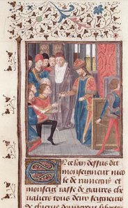 Ms 149 t.3 fol.95v Jmenování dvou rytířů, z Histoire des Nobles Princes de Hainaut, Jacques de Guise od French School