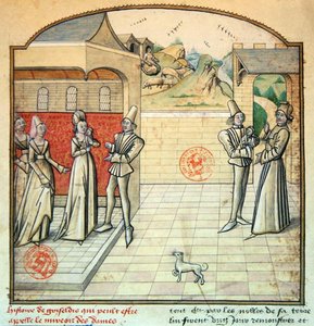 Paní 1560 Griseldis a její manžel markýz de Saluces, ilustrace z „Fleur des Histoires“, podle Giovanniho Boccaccia (vellum) od French School