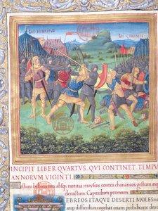 paní 1581 f. 071 Ilustrace z knihy IV (Od odmítnutí oné generace k Mojžíšově smrti), kapitola 1 Starožitnosti Židů (Antiquitates Judaicae) od Flavia Josepha - Boj o od French School