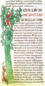 Ms 173 f.41 Historická iniciála I zobrazující mnicha a laika, jak kácí a prořezávají strom, z Moralia in Job od papeže Řehoře Velikého od French School