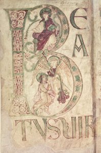 Ms 18 f.1v Historická iniciála B zobrazující svatého Jana Evangelistu a anděla, ze žaltáře z Corbie od French School