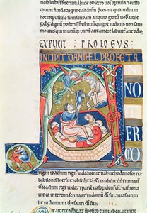 Ms 1 fol. 185v Historická iniciála A zobrazující Daniela ve Lví jámě, ze Souvigny Bible od French School