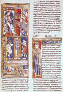 Ms 1 fol.284r Ester a Ahasver a Hamanovo oběšení, ze Souvigny Bible od French School