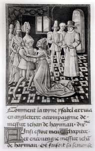 paní 1 fol. 6 v. Isabella Francouzská, anglická královna, odchází Williama I., hraběte z Hainaut, z Froissarts Chronicle od French School