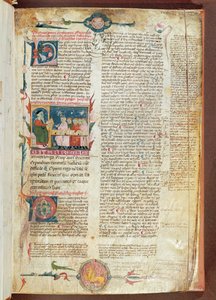 paní 2046 fol. 1 Instruktážní scéna, první stránka Aforismů od Hippokrata s komentáři od Galena od French School