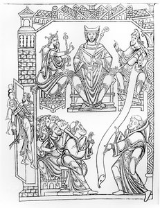 Ms 210 fol 19v. Cartulary of Mont Saint-Michel: Vévoda Richard II. z Normandie daruje pozemky a výsady klášteru Mont St. Michel, (rytina podle kresby z 50. let 12. století) od French School