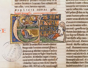 Ms 21 Fol.163v Historizovaná iniciála E zobrazující Jonáše vhozeného do moře, z blíže neurčené bible.