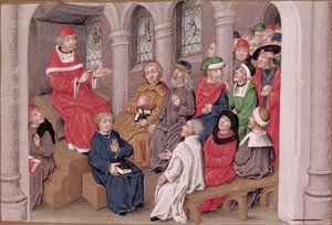 Ms 230 fol.25 Jean de Gerson (1363-1429) kázání o pašijích po večeři v kostele svatého Bernarda v Paříži, z knihy Sermons sur la Passion et Traites Divers, asi 1480. od French School
