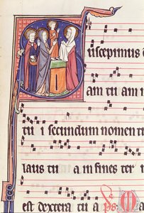 Ms 241 f.144 Historizovaná iniciála S s vyobrazením Obětování Ježíše v chrámu z antifonáře k vysvěcení opatského kostela ve Vauclairu, 1257. od French School
