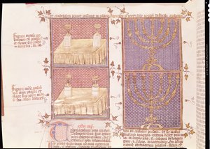 Ms 290 Tome 1 f.89v Obětní stůl a menora, z knihy Postilles sur la Bible od Nicolase de Lyre.