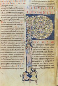 Ms 2 fol.3v t.1 Historická iniciála „P“, z Bible kláštera Saint-Andre aux-Bois