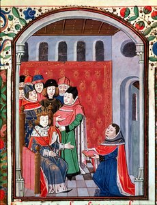 Ms 3045 fol.1 Jean de Meung (1240-1305) nabízí Filipovi le Bel (1268-1314) svůj překlad Boetiovy knihy De Consolatione Philosophiae. od French School