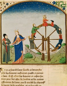 Ms 3045 fol.22v Boethius s kolem štěstí, z knihy De Consolatione Philosophiae, překlad Jean de Meung od French School
