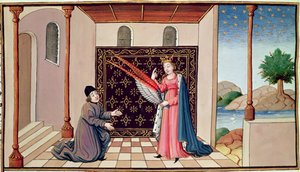 Ms 3045 fol.68v Lady Philosophy nabízí Boethiusovi křídla, která umožní jeho mysli létat do výše od French School