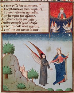 Ms 3045 fol.94r Lady Filosofie vede Boethia v letu do nebe na křídlech, která mu dala; Bůh Otec přihlíží v požehnání od French School