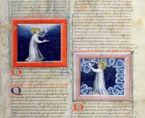 Ms 313 Bůh oddělující světlo od temnoty (vlevo) a tvořící nebeskou klenbu (vpravo), z Bible des Grands Augustins, 1494