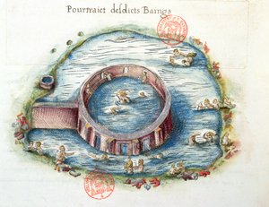 Ms 3242 The Baths of Bourbon-Lancy, ilustrace z Generale Description du Bourbonnais od Nicolase de Nicolay, 1569 (wc na papíře) od French School