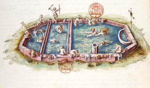 Ms 3243 The Baths of Nerys v Neris-les-Bains, ilustrace z „Generale Description du Bourbonnais“ od Nicolase de Nicolay od French School