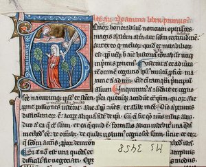 Paní 3458 Angel porodila dítě ženě, která se měla narodit, z „Fyziky“ Aristotela (pero, inkoust a tempera na pergamenu) od French School