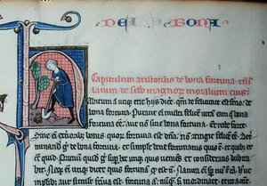 Ms 3458 Historická iniciála „H“ zobrazující muže kopajícího z „Fyziky“ od Aristotela (384–322 př. n. l.) (pero, inkoust a tempera na pergamenu) od French School