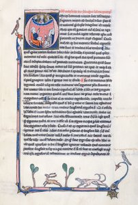 Ms 3458, historická iniciála O zobrazující starověkého řeckého filozofa Aristotela, jak učí skupinu duchovních ze západní Evropy a ukazuje vzhůru k Bohu na nebesích (pero, inkoust a tempera od French School