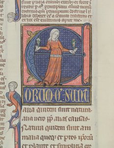 Ms 3469 Historická iniciála E se znázorněním přírody, z fyziky od Aristotela (384–322 př. n. l.) (pero, inkoust a tempera na pergamenu) od French School