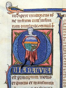 Ms 3469 Philosopher drží glóbus se čtyřmi prvky, z fyziky od Aristotela (384-322 př.nl) (pero, inkoust a tempera na pergamenu) od French School