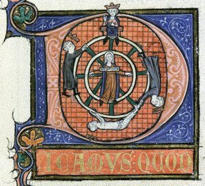 Ms 3469 fol. 38 Kolo štěstí, z „Fyziky“ od Aristotela, kolem 1280-85 (pero, inkoust a tempera na pergamenu) od French School