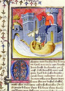 Ms 3480 Rytíř prchající z hradu s pomocí dámy, z Livre de Messire Lancelot du Lac od French School