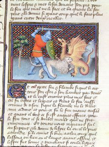 Paní 3480 Yvain, rytíř se lvem, bojující s drakem, miniatura od Romana de Lancelot od French School