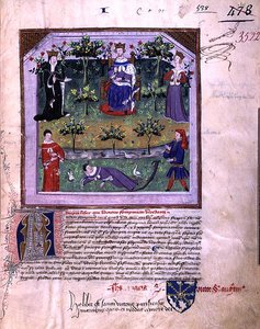 Ms 3522 fol.1 Autor předstírá, že spí, je svědkem hádky mezi rytířem a biskupem, ze „Somnium Viridarii“ (Le Songe du Vergier) zkomponované v roce 1376 podle řádu Karla V. (1338-80) (vellum ) od French School