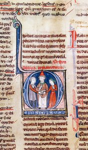 Ms 365 fol.318v Historická iniciála D zobrazující manželství, z Dekretálů Řehoře IX. od French School