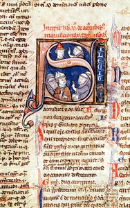 Ms 365 fol.350 Historická iniciála S zobrazující papeže Řehoře IX. (1220-50) s biskupy a opaty, z Dekretálů Řehoře IX. od French School