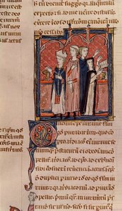 Ms 372 fol.59v Jeptiška skládající své sliby a mše vykonávaná biskupem z Decrets de Gratien (podrobnosti viz 181276) od French School