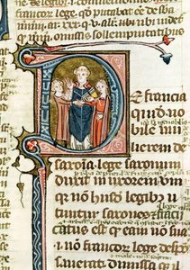 Ms 376 f.320 Historická iniciála D zobrazující kněze žehnajícího manželství, z Les Gregoriennes od French School