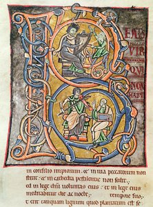 Ms 3 fol.255 Historická iniciála „B“ zobrazující krále Davida z „Bible de Saint-Sulpice de Bourges“ od French School