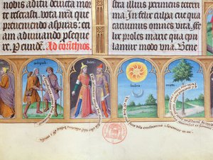 Kniha hodin Ms 412 s ilustracemi poutníků, Židů. slunce, měsíc a myrta od French School
