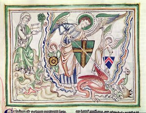 Ms 422 fol.47v St. Michael zabíjející draka, z Apokalypsy od French School